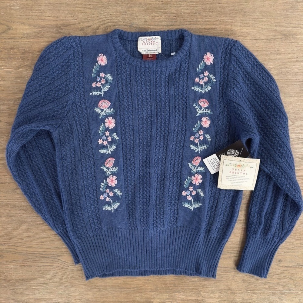 VTG Susan Bristol 100% Wool Crew Neck Sweater-Hand Embroidered Floral-Sz 36(4-6)